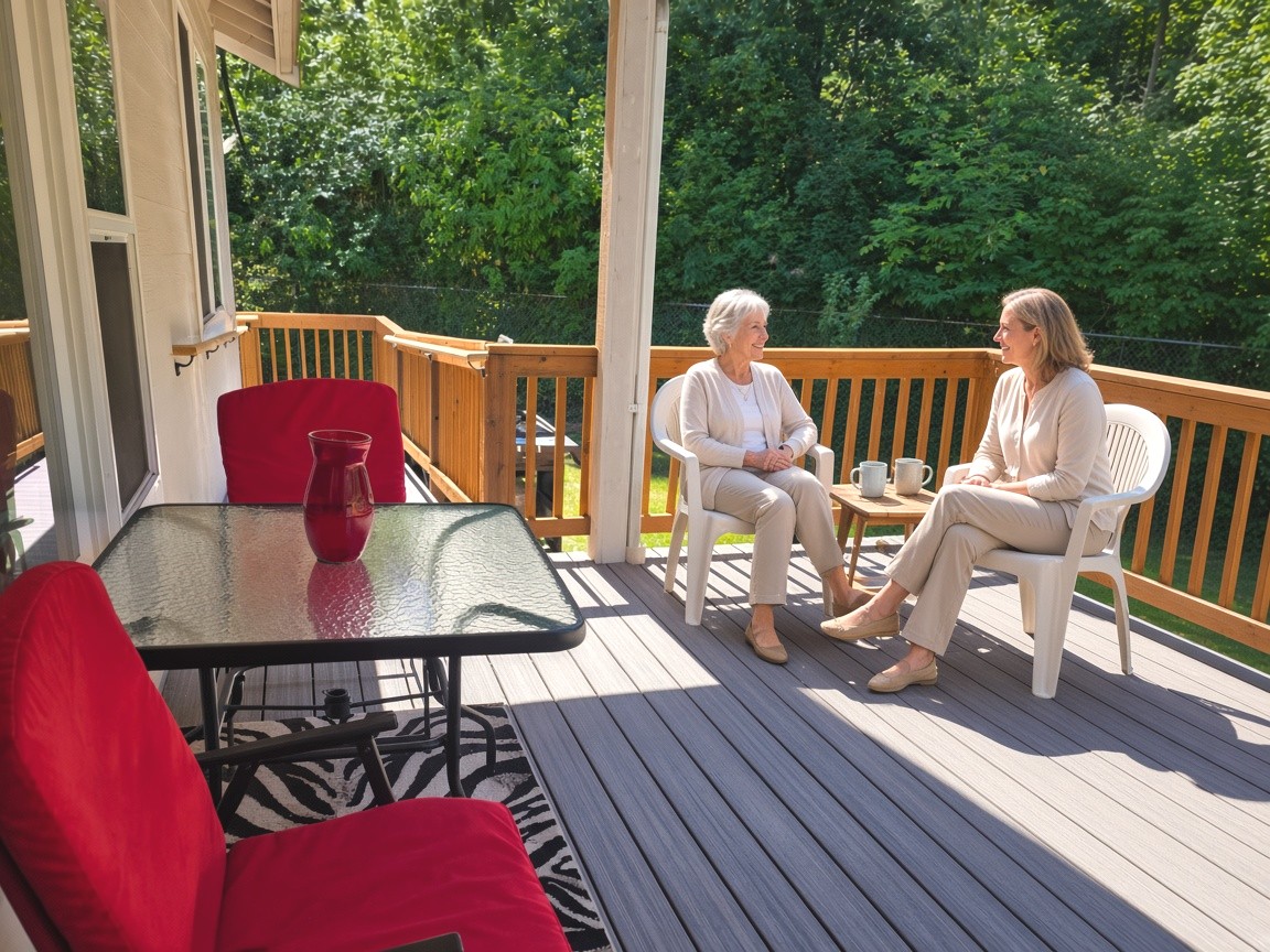 A caregiver and an older woman talking together on the sunny deck