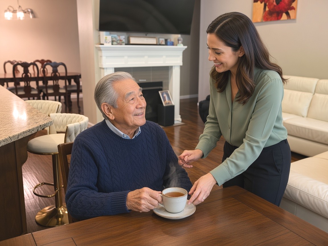 A caregiver sharing a cup of tea with an older man in the living room